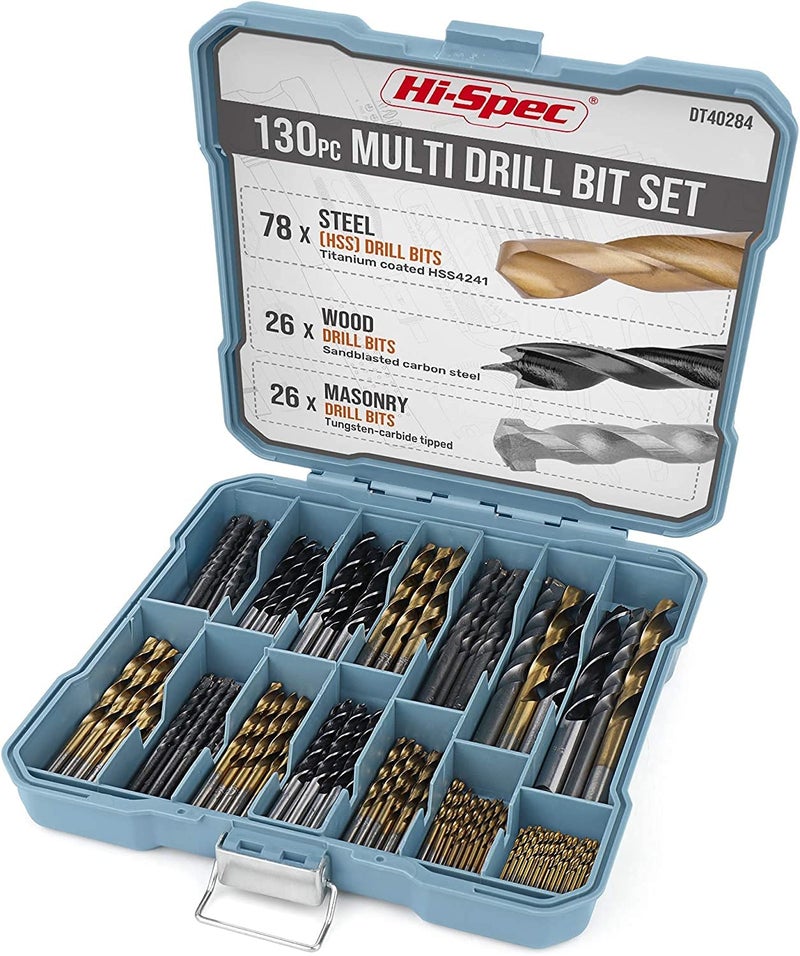 Hi-Spec Drill Bit Set 130pc Multi SAE - 11 Sizes 1/16in to 3/8in - HSS Titanium, Masonry & Brad Point Steel Bits - Drill Bits for Metal, Wood, Plastic, Drywall, Brick & Concrete - with Tray Case - Image 1